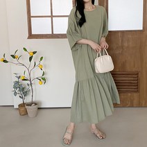 수니베 린넨 마 셔링 프릴 일자 롱 원피스 여름 반풀 시원 빅사이즈 임산부 루즈핏 문센룩