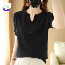넥 니트 클리어런스 반팔 골지 면 여성 용 린넨 티셔츠