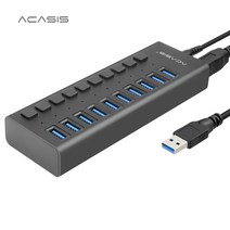 Acasis USB 3.0 허브 멀티 10 포트 산업용 컴퓨터용 12V 전원 어댑터, 블랙