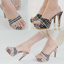 벨루치슈즈 여성 수제화 패브릭 체크 키높이 10.5cm 가보시 하이힐 슬리퍼 킬힐슬리퍼 국내제작