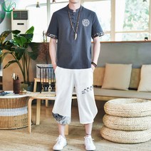 셀럽당 남자 생활한복 모시옷 여름 반팔 7부 팬츠 세트 캐주얼 세트 개량한복 빅 사이즈 (M-5XL) A01957