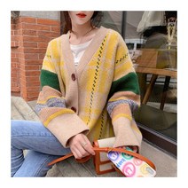 가을 겨울 간절기 체크 배색 옐로우 블루 컬러 루즈핏 도톰 쫀쫀 레트로 니트 단추 가디건