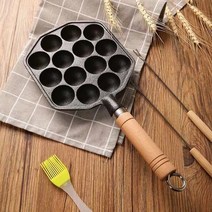 타코야키팬 주철 문어 공 냄비 베이킹 가정용 오믈렛 구운 메추라기 달걀 금형 코팅되지, 스틸 포크 + 실리콘 브러시가있는 나무 손잡이 단