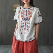 여성 루즈핏 면 마 티셔츠 자수 반팔티 여름의류 빅사이즈SFW0307008