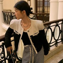 투톤 모직 숏자켓 블랙화이트 노카라 퍼프 직각어깨 정장 오피스 하객 소개팅 연말 모임룩