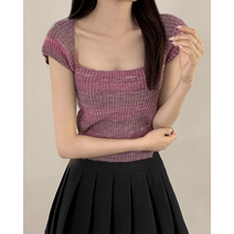 밀툰 뒷트임 끈 그라데이션 크롭 반팔 니트