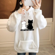 스타일아유 여성 기모 후드 LOVE 고양이 프린트 레터링 오버핏 긴팔티 티셔츠 루즈핏 맨투맨 후드티 AYB0TS0513