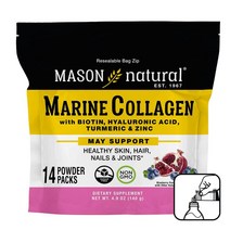 Mason Natural 비오틴 히알루론산 강황 및 아연이 함유된 해양 콜라겐 - 건강한 머리카락 피부 및 손톱 및 관절 블루베리 석류 수분 음료 믹스 빠른 용해 스틱 팩