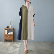티티웍스 여름 면마 배색 컬러 반팔 린넨 배색 라운드넥 롱원피스