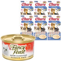 번들: Fancy Feast Classic Savory Salmon Feast Canned Food Inaba Churu 곡물이 없는 참치 퓌레 핥아 먹을 수 있는 고양이 간식
