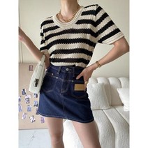 캐주얼 봄 여름 펀칭 고급스런 반팔니트 스트라이프 스웨터 오피스룩 해외여행 신혼여행