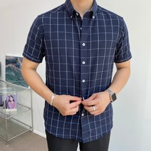 이브컴퍼니 남성용 여름 오버핏 라운드 체크 반팔 셔츠