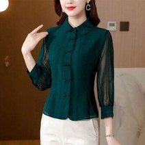 플리츠 블라우스 버튼 소매 셔츠 쉬폰 여성
