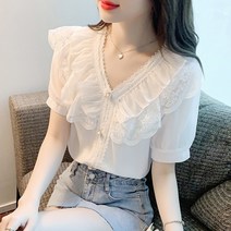 여성 반팔 티셔츠 프릴 블라우스 브이넥 반팔티 5부 반소매 면티 여자반팔티 인박카069