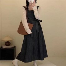 데님 흑청 롱원피스 스퀘어넥 앞트임 허리끈 나시 드레스 768