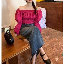 BANHANY 델란 밴딩 오프숄더 셔링 더블 퍼프 크롭 긴팔 블라우스 2color
