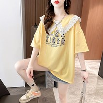 여성 여름 빅카라 레이스 스티치 오버핏 반팔 티셔츠