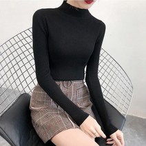마쿠쿠 심플 슬림 여성 반목 히트넥 골지 니트 티