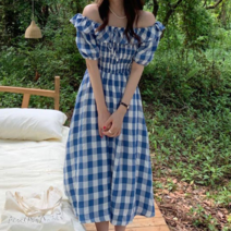 보드미 체크원피스 산뜻한 블루 컬러 오프숄더 원피스 사각 체크 패턴