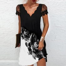 5XL 물결 레이스 반팔 원피스 빅사이즈 여성 프린트 웨이브 v -Neck 드레스