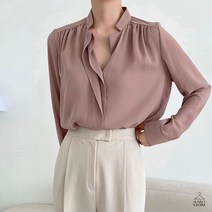 봄 여름 여성 쉬폰 브이넥 어깨셔링 랩 카라 블라우스 면접 정장 하객 화이트 베이지 블랙