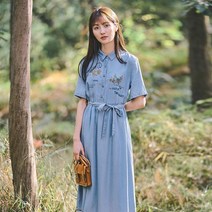 데님 원피스 청 치마 커플 시밀러 룩 한지민원피스 쇼핑몰 같은 스타일 인만 자수 허리끈 반팔 블루 셔츠 롱스커트 문인