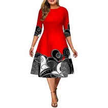 키코이 캉가 Office Lady Style Plus Size Dress Women Ethnic Print Autumn Winter A-Line Crew Neck Elegant W, [06] XXXL, [05] 빨간
