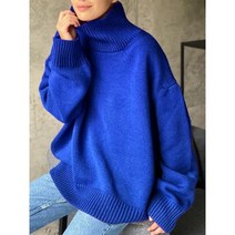 니트 블루 터틀넥 스웨터 여성 겨울 따뜻한 긴 드롭 숄더 빈티지 탑스