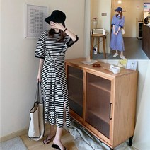 여름 롱 데일리룩 편안한 허리조임 스트라이프 오버핏 휴양지 반팔 밑트임 원피스