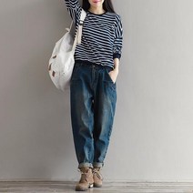 [하나비] 엑스뻬디에 여성 데님 신축성 있는 색바랜 통큰 청바지