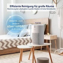 H13 HEPA 공기 필터 CADR 250m³/h 최대 65㎡ 24dB 수면 모드 타이머가 있는 알레르기 환자를 위한 공기 청정기 곰팡이 연기 먼지 꽃가루 동물의 머리카락 냄새 99.97% 차단하는 Bagotte 공기 청정기-26269, BAP30