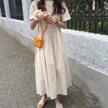 라운드 무지 면 코튼 핀턱 루즈핏 빅사이즈 롱 원피스