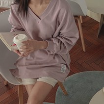 로로텐 무지 브이넥 맨투맨 티셔츠 긴팔 오버핏 여성 빅사이즈