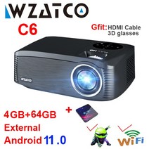 스마트빔 소형 프로젝터 WZATCO-C6A 안드로이드 11.0 WIFI 스마트 LED 6D 키스톤 보정 풀 HD 1920*1080P 홈 시네마 플레이어 게임, CN_C6B add 64G