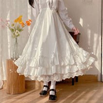 맥시 롱스커트 풀 스커트 일본 더블 레이어 프렌치 프릴 에이라인 햅번 스타일 블랙 화이트 하프 여성 롱