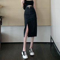 캐쥬얼 여성 스판 데님 플레어 바캉스룩 짧은스커트 메쉬룩 미디 데님 스커트 트임 스커트 하이웨이스트
