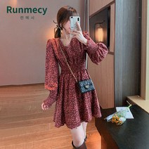 런메시Runmecy 슬림 브이넥 꽃무늬 쉬폰 미니 원피스 빅사이즈