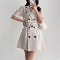 더블 버튼 퍼프 반팔 트렌치 미니 원피스