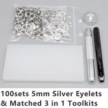 3 in 1 툴키트가 포함된 금속 그로밋 구멍 플랫 홀 펀처 및 해머 스틱 DIY 벌크, 01 Silver-5mm