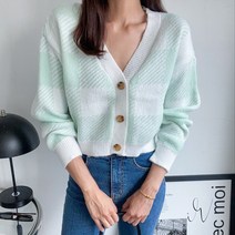 (빅사이즈)도톰 체크 파스텔톤 브이넥 니트 가디건