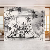 호랑이 백호 벽지 뮤럴 포인트 동양화 멋진 한국 벽지 200452, 실크벽지(일반)/ 가로200cm*세로240cm