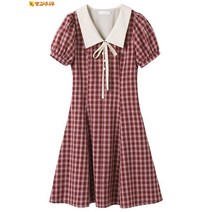 Mangoxiniu 여름 반팔 슬림핏 인형 칼라 체크 원피스