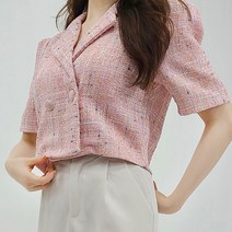 banhany 로맨틱 퍼프 소매 반팔 크롭 트위드 자켓