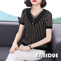 [바니드] 너무 예쁜 중년여성 은은한 세련된 레이스 V넥 슬림핏 단가라 티셔츠 5119