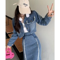 여성 데님 상하의세트 데님 숏자켓 롱스커트 투피스 원피스 슬림핏 패션의류 오피스 하객룩