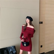 겨울원피스 니트원피스 여성을위한 한 오프 숄더 오프 숄더 가을 슬림 피트 긴 소매 힙 스커트 레드 하이 웨이스트 스커트