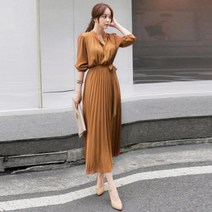 캬라멜 긴팔 플리츠 원피스 베이직 쉬폰 주름 롱원피스