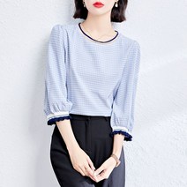 Amaethon 여성 칠부 소매 복고 체크무늬 블라우스 티셔츠