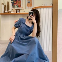 카라 스커트 여성 스타일 빈티지 스퀘어 퍼프소매 H라인원피스