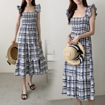 NewCare 여성 뷔스티에 스모크 체크 롱원피스 a라인 프릴원피스 나시 썸머룩